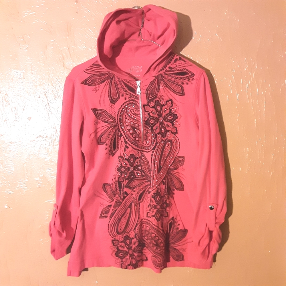 Style & Co. Red Hooded Jacket with Black Floral Design